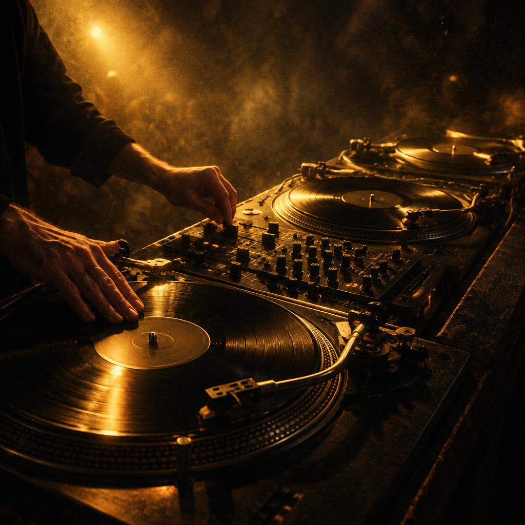 Mãos de DJ sobre três pratos e uma misturadora, iluminados a dourado